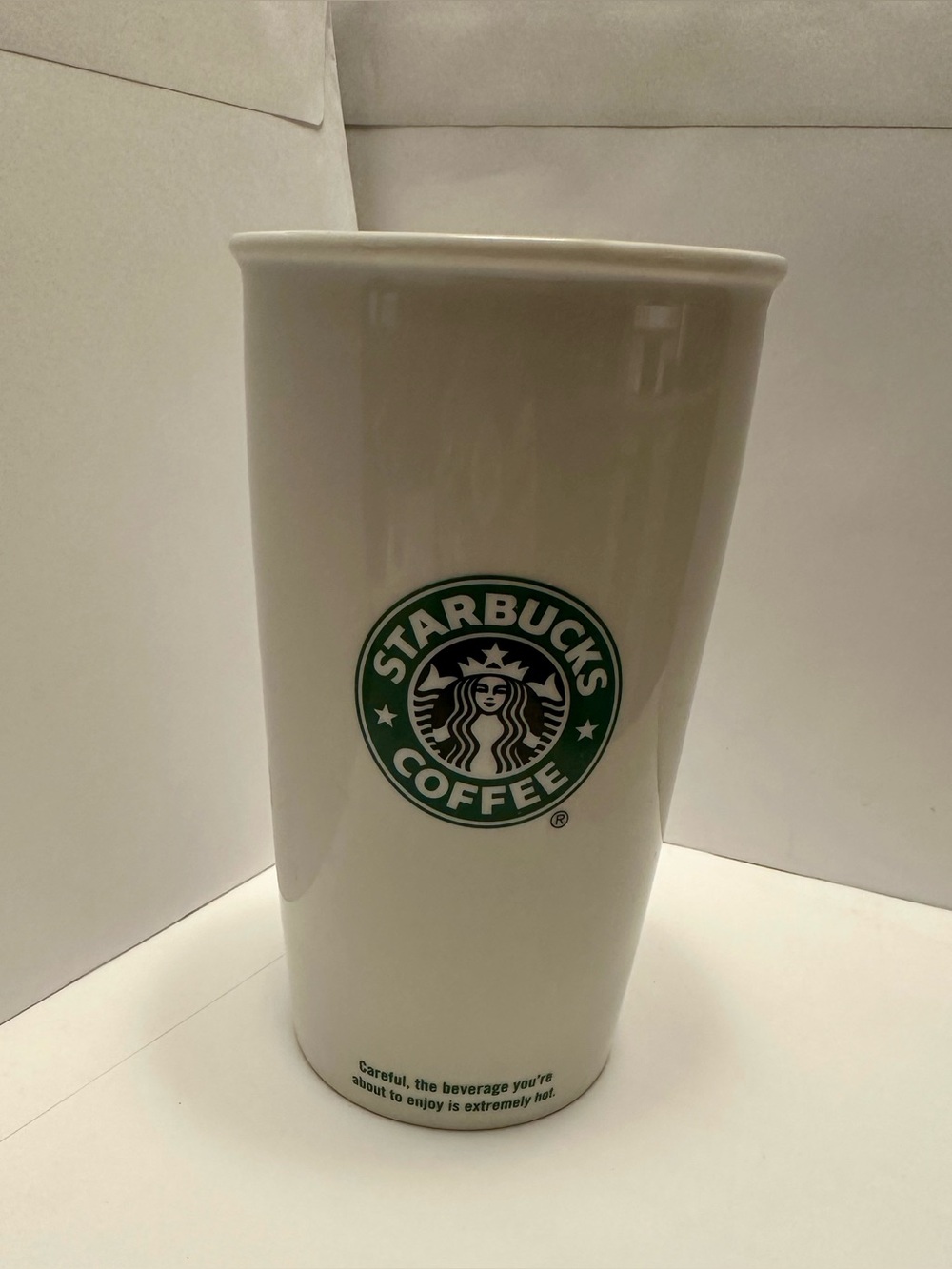 Starbucks White Ceramic Cup with lid and with Green Logo- holds 12oz